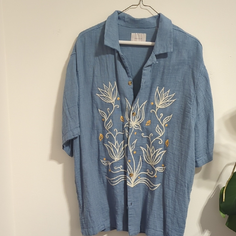 PacSun Blue Shirt with White and Yellow Embroidery